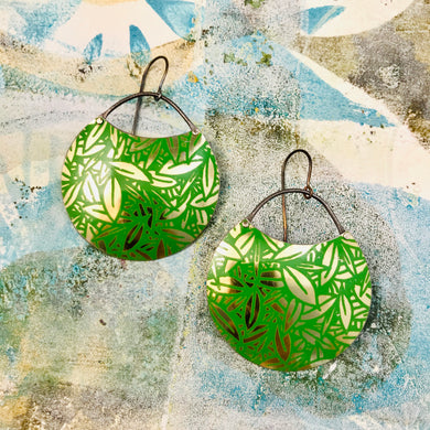Mirrored Golden Bamboo Leaves Circles Upcycled Tin Earrings