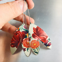 Load image into Gallery viewer, Red Red Flowers Upcycled Tin Double Leaf Earrings
