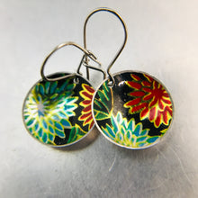 Load image into Gallery viewer, RESERVED Aqua and Red Vintage Flowers on Midnight Tiny Dot Tin Earrings