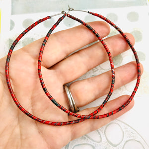 Spiraled Tin Big Red Hoop Earrings