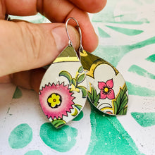 Load image into Gallery viewer, Pink Flowers Upcycled Long Pod Tin Earrings