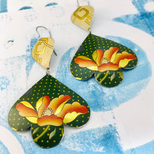 Load image into Gallery viewer, Big Orange Flowers on Polka Dots Trefoil Upcyled Tin Earrings