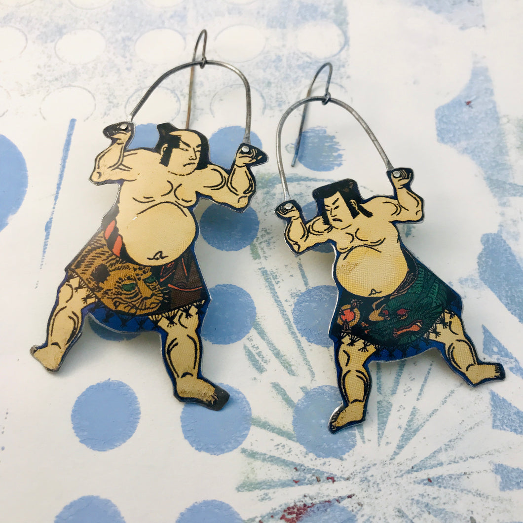 Sumo Wrestlers Big Small Upcycled Tin Earrings