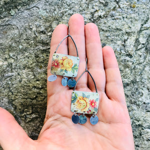 Yellow Roses Rectdangles Upcycled Tin Earrings
