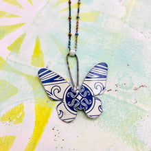 Load image into Gallery viewer, Navy &amp; Cream Small Butterfly Upcycled Tin Necklace