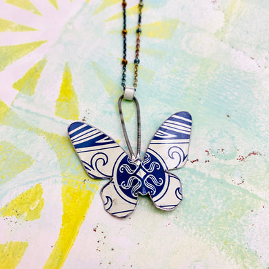 Navy & Cream Small Butterfly Upcycled Tin Necklace