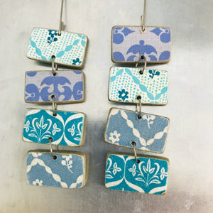 Mixed Blue Patterned Rectangles Recycled Book Cover Earrings