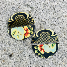 Load image into Gallery viewer, Hibiscus Golds on Black Upcycled Tin Circle Earrings
