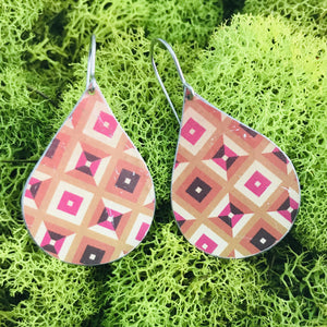Shades of Red Geometric Pattern Upcycled Teardrop Tin Earrings by adaptive reuse jewelry