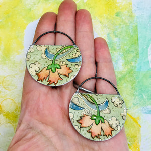 Pale Pink Blossoms on Dusty Seafoam Circles Recycled Tin Earrings