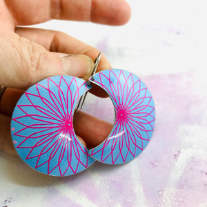 Hot Pink Spirograph Moons Upcycled Tin Earrings