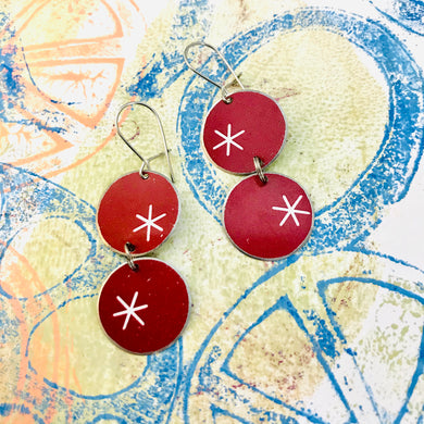 White Asterisks on Red Circles Tin Earrings
