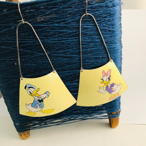 Donald Duck & Daisy on Butter Yellow Recycled Tin Earrings by adaptive reuse jewelry
