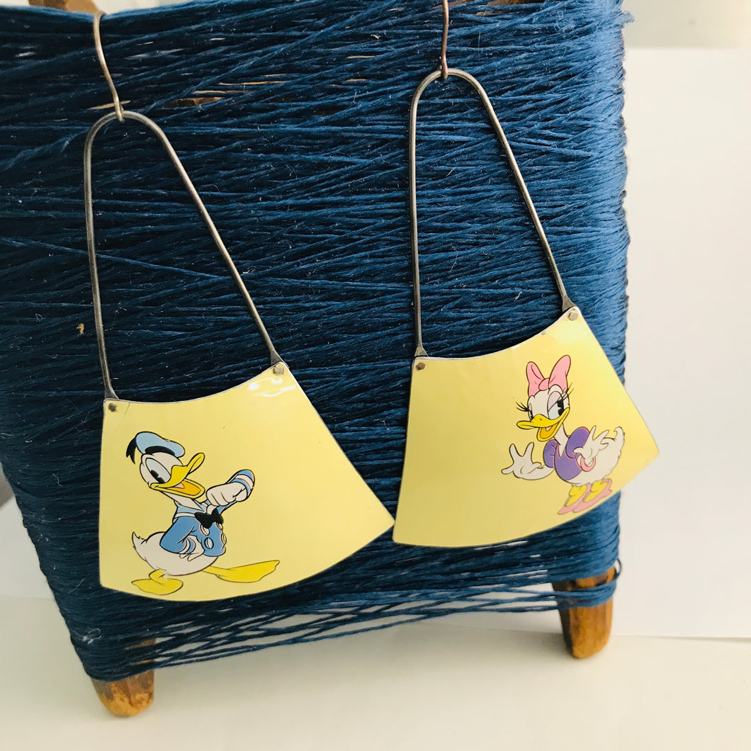 Donald Duck & Daisy on Butter Yellow Recycled Tin Earrings by adaptive reuse jewelry