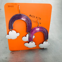Load image into Gallery viewer, Purple Etched Rainbows with Dotty Clouds Upcycled Tin Earrings