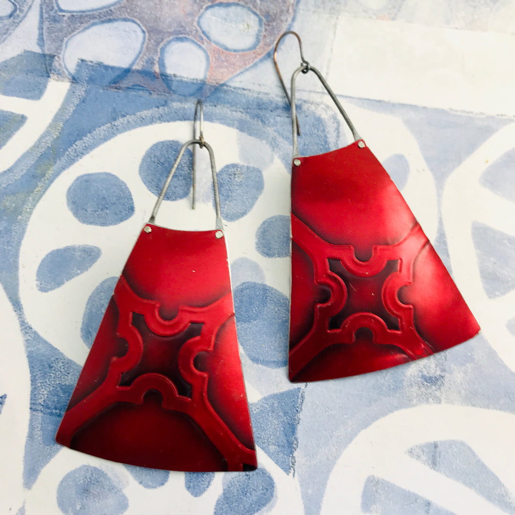 Rich Red Embossed Upcycled Tin Long Fans Earrings