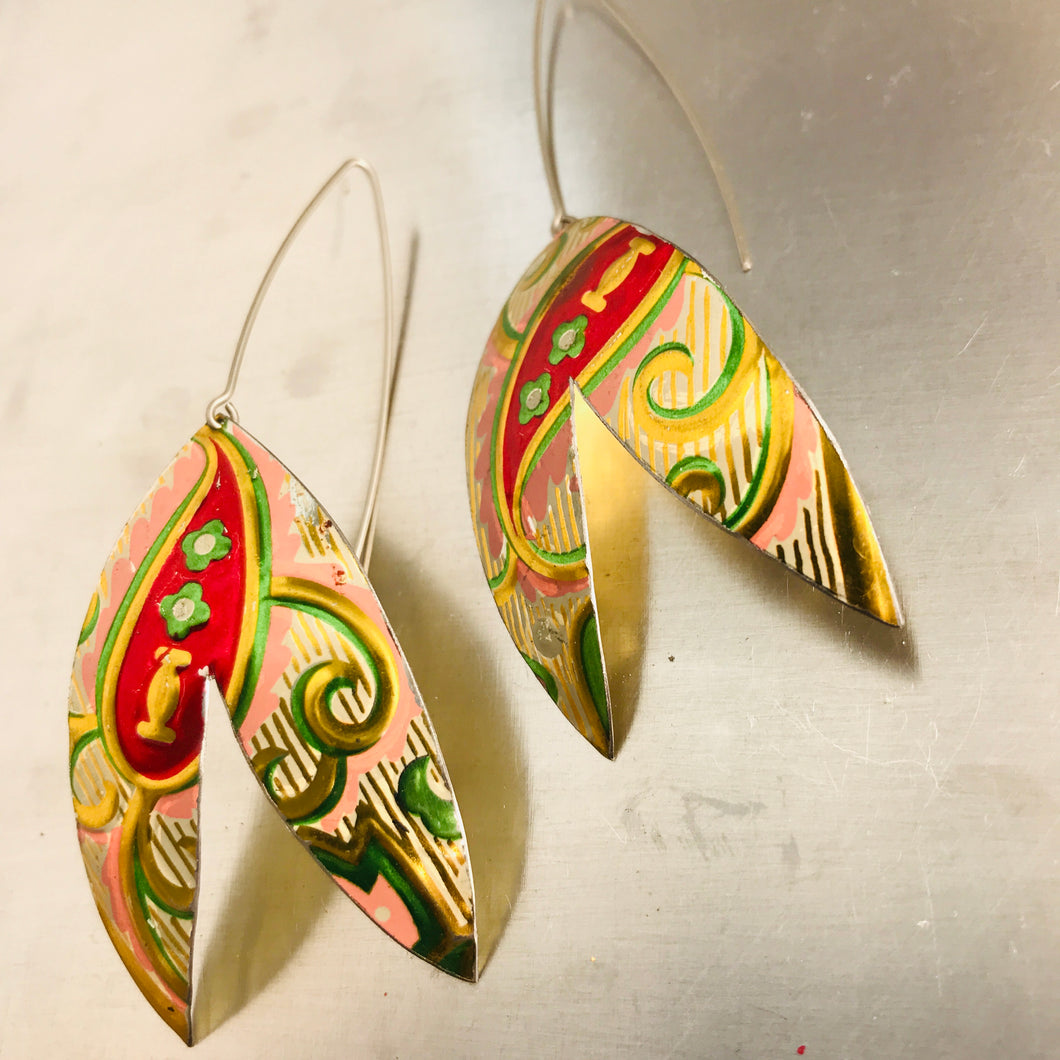 Shimmery Golden & Red Paisley Upcycled Tin Double Leaf Earrings