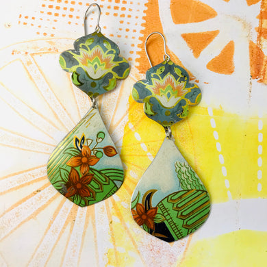 Vintage Blue Flowers Wide Teardrops Zero Waste Tin Earrings