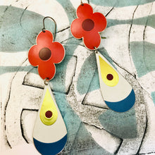 Load image into Gallery viewer, Big Red Flowers and Teardrops Upcycled Long Pod Tin Earrings