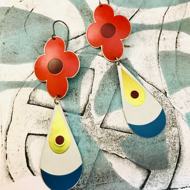 Big Red Flowers and Teardrops Upcycled Long Pod Tin Earrings