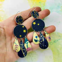 Load image into Gallery viewer, Golden Stars on Midnight Blue Tin Chandelier Earrings