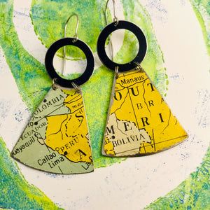 Vintage South America Map Small Fans Zero Waste Tin Earrings