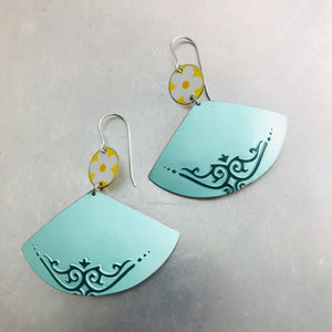 Yellow Flowers & Aqua Fans Upcycled Tin Earrings