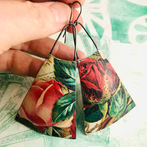 Big Red Roses Upcycled Tin Long Fans Earrings