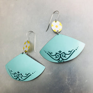 Yellow Flowers & Aqua Fans Upcycled Tin Earrings