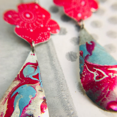 Bright Pink & Marbled Long Teardrops Zero Waste Tin Earrings