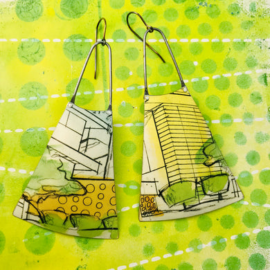 Modernist Architectural Renderings Upcycled Tin Long Fans Earrings