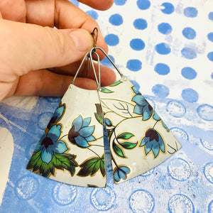 Beautiful Blue Vintage Flowers Upcycled Tin Long Fans Earrings