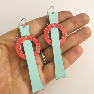 Mod Aqua Red Orbit Upcycled Tin Earrings