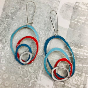 Scarlet, Snow & Blue Scribbles Again Upcycled Tin Earrings