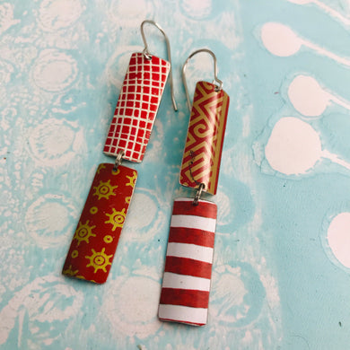 Mixed Red & Gold Patterns Rectangles Tin Earrings