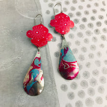Load image into Gallery viewer, Bright Pink &amp; Marbled Long Teardrops Zero Waste Tin Earrings