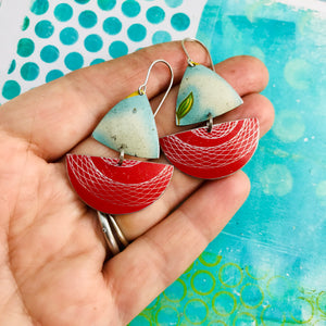 Red Spirograph and Clouds Little Sailboats Tin Earrings
