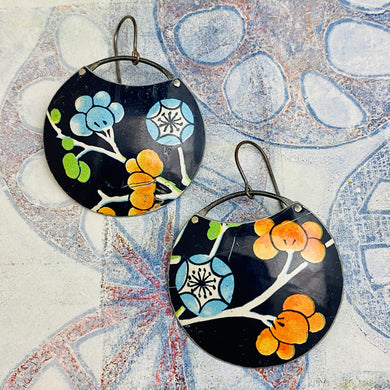 Blossoms On Midnight Blue Circles Upcycled Tin Earrings