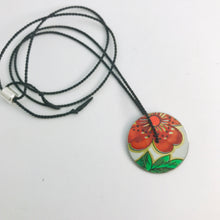Load image into Gallery viewer, Vintage Orange-y Flower &amp; Green Leaf Circle Upcycled Tin Flip-Flop Necklace