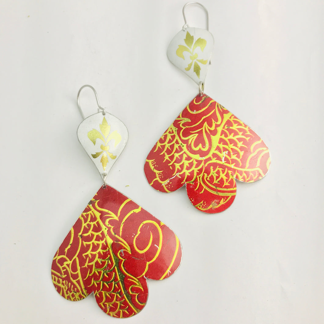 Gold Fleur de Lis on White & Reds Trefoil Upcyled Tin Earrings