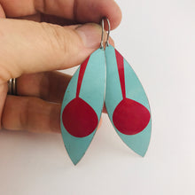 Load image into Gallery viewer, Mod Aqua &amp; Red Leaves Upcycled Tin Earrings