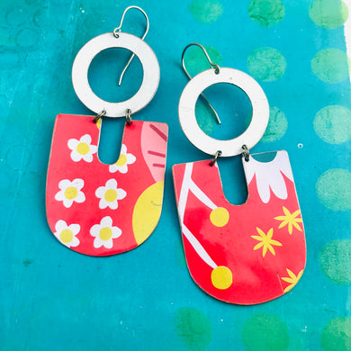 Little White Flowers on Pink Chunky Horseshoes Zero Waste Tin Earrings