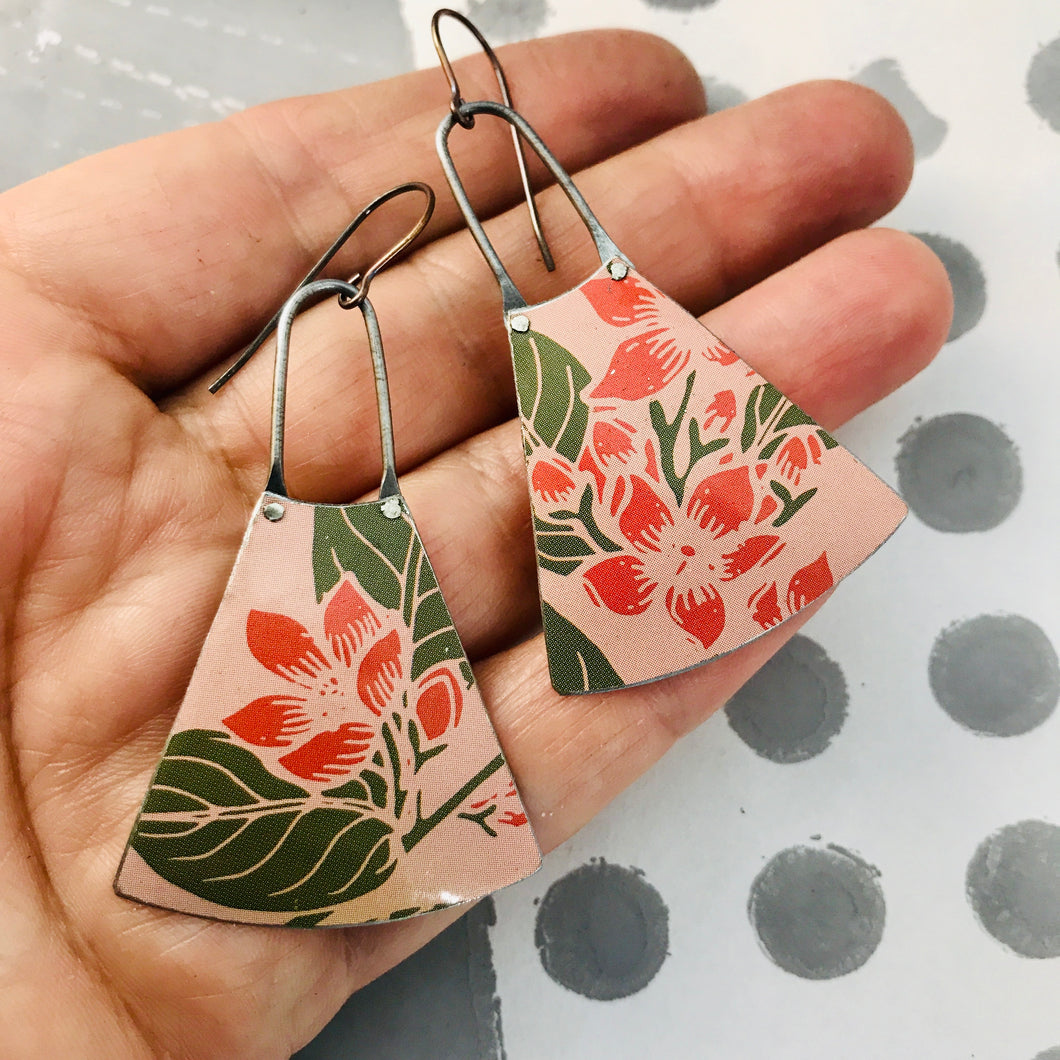 Bright Pink Blossoms on Muted Pink Small Fans Zero Waste Tin Earrings