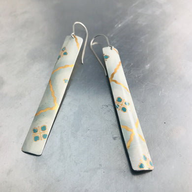 White, Gold & Teal Long Rectangle Tin Earrings