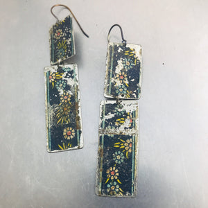 Vintage Flowers in Navy Narrow Rectangles Zero Waste Tin Earrings