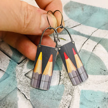 Load image into Gallery viewer, Colored Pencils on Gray Upcycled Tin Earrings