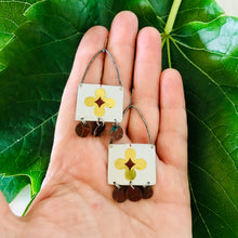 Load image into Gallery viewer, Golden Blossoms on White Rectdangles Upcycled Tin Earrings