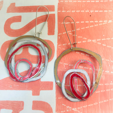 Gold, Snow, Scarlet & Bubblegum Scribbles Again Upcycled Tin Earrings