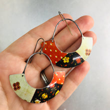 Load image into Gallery viewer, Orange Patchwork Half Moon Recycled Tin Earrings