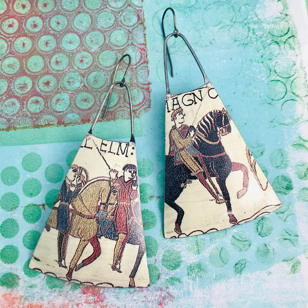 Bayeux Tapestry Horsemen Upcycled Tin Long Fans Earrings